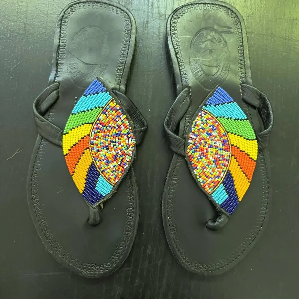 Beaded Leather Sandals from Mexico - 39 (8.5)‎